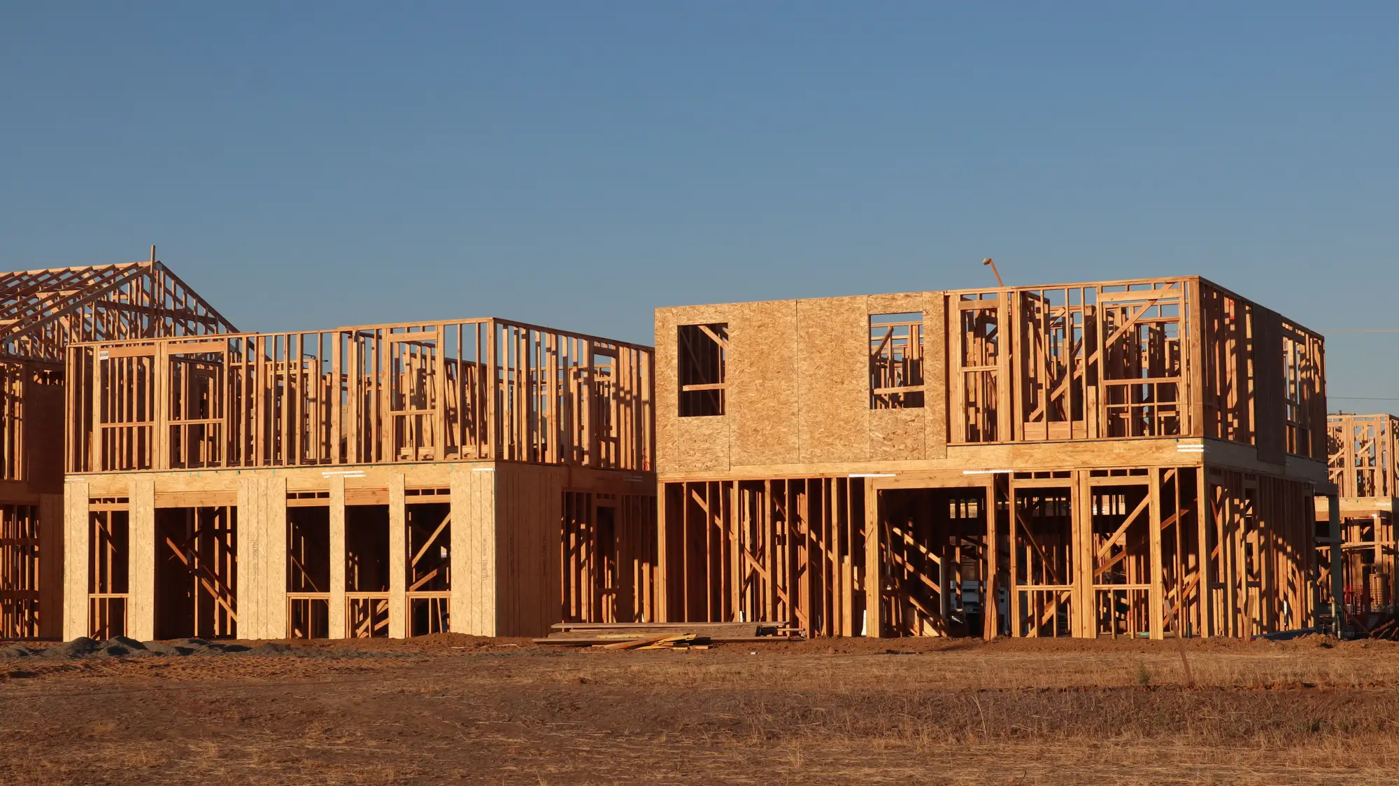 Timber frames of new two-storey homes on a bare lot in late sun